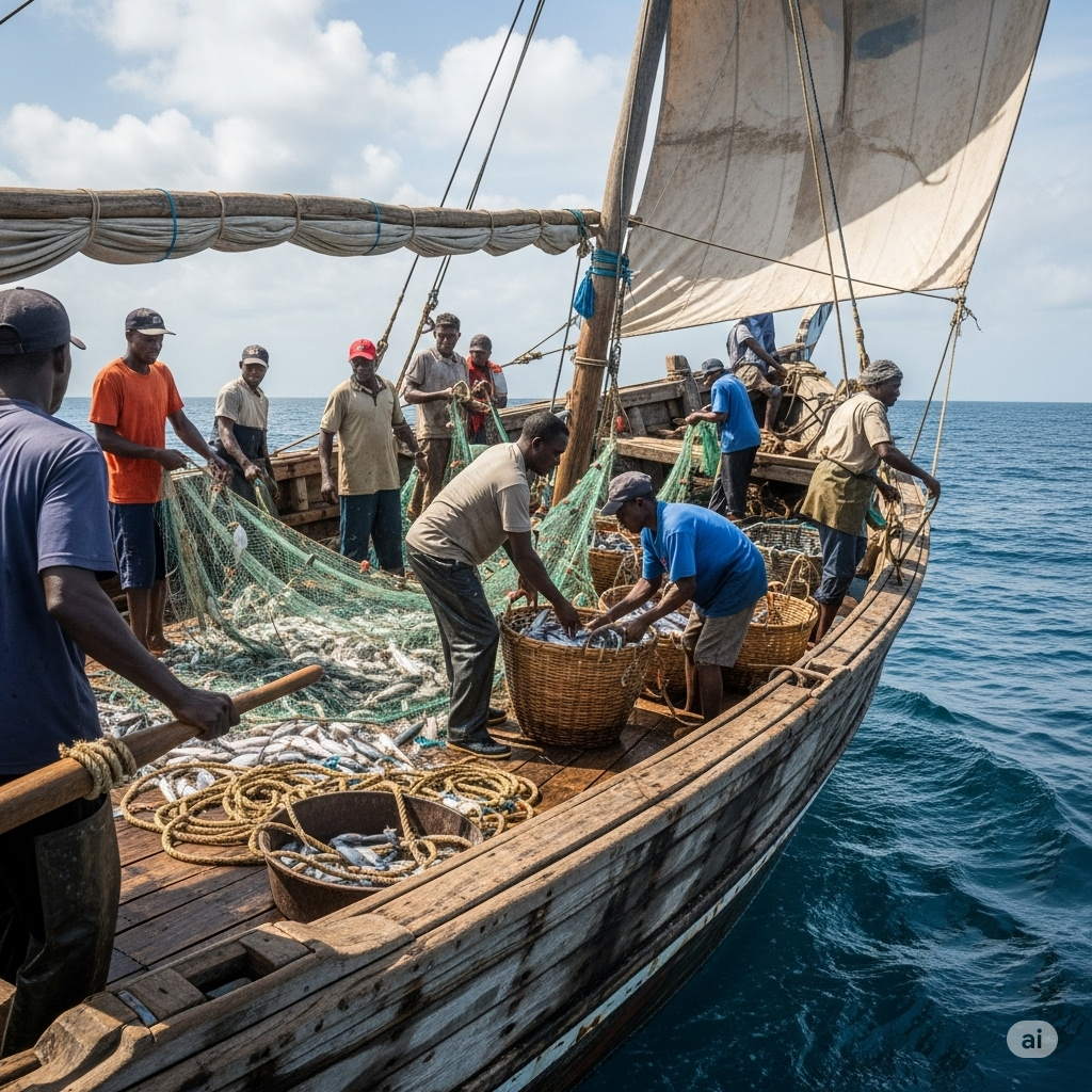 [Image de pêcheurs travaillant sur un bateau]