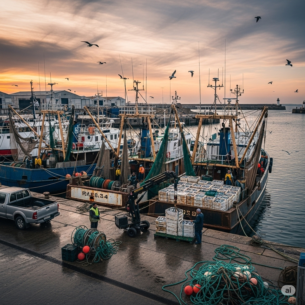 Port de pêche animé avec des chalutiers à quai au coucher du soleil
